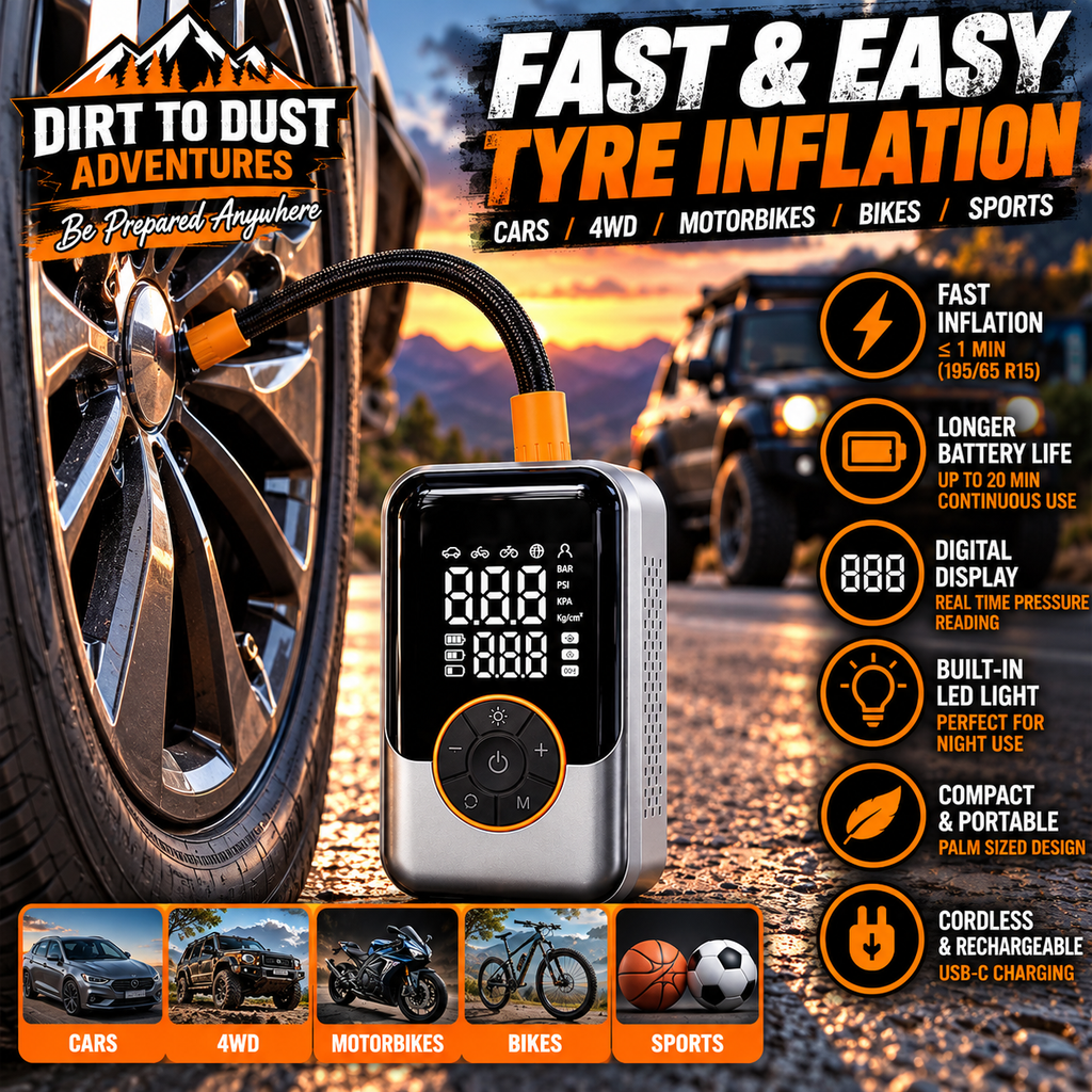 Dirt to Dust Portable Cordless Tyre Inflator – Digital Air Compressor