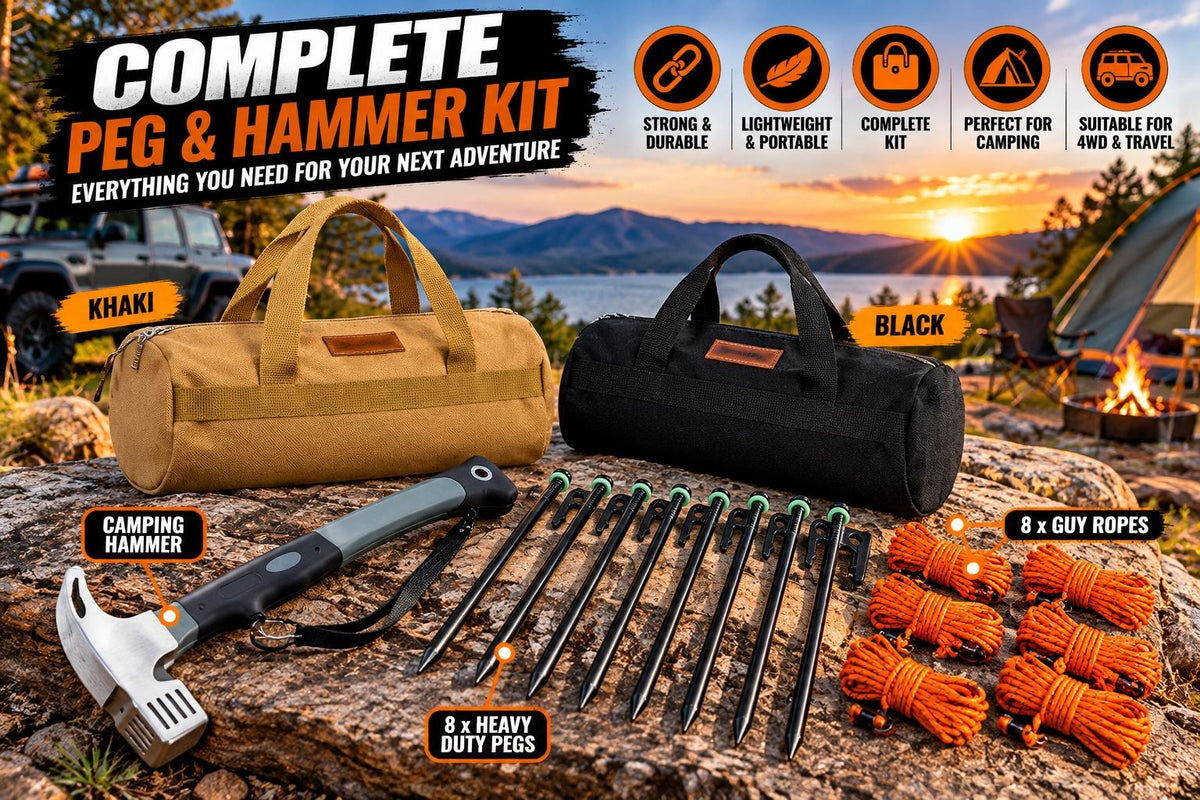 Dirt to Dust Camping Setup Kit – Tent Pegs, Guy Ropes, Hammer & Carry Bag