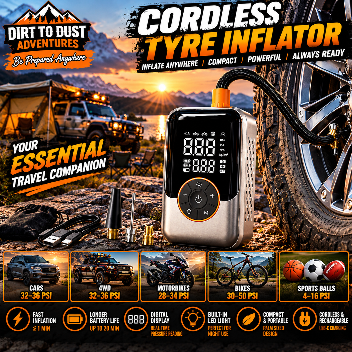 Dirt to Dust Portable Cordless Tyre Inflator – Digital Air Compressor