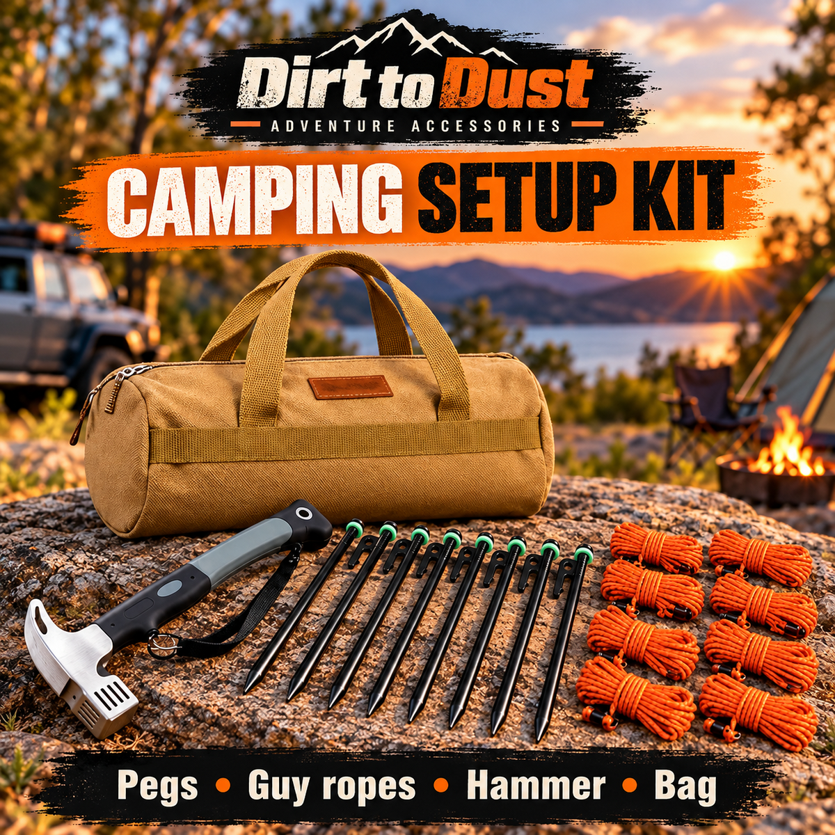 Dirt to Dust Camping Setup Kit – Tent Pegs, Guy Ropes, Hammer & Carry Bag