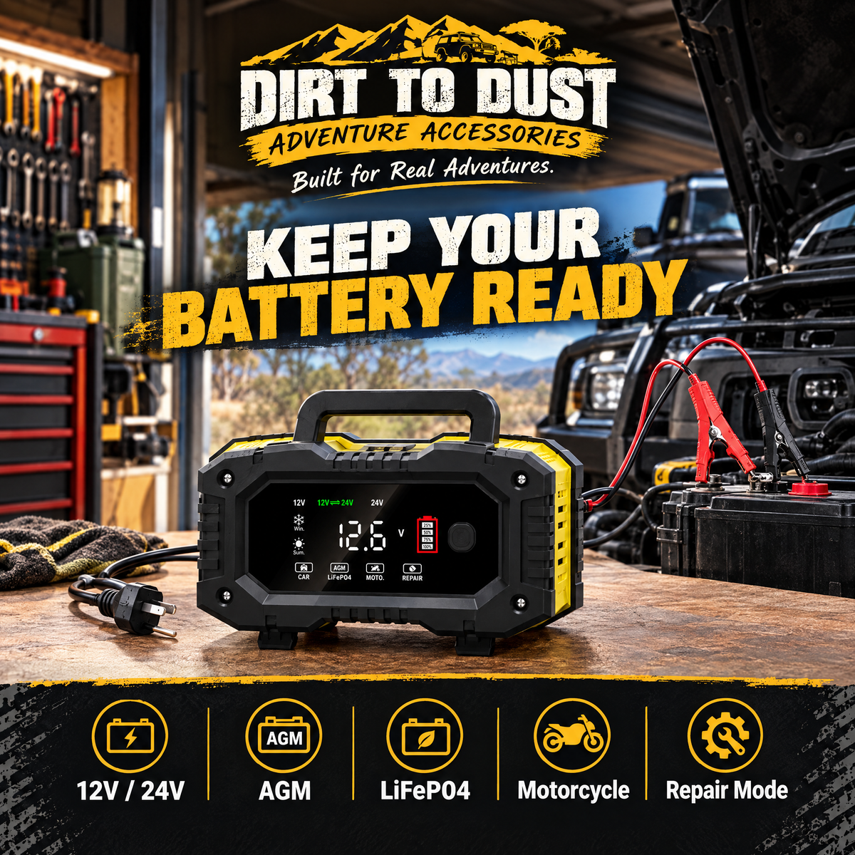 12V/24V Smart Battery Charger – 10A or 20A Options | Dirt to Dust Adventure Accessories