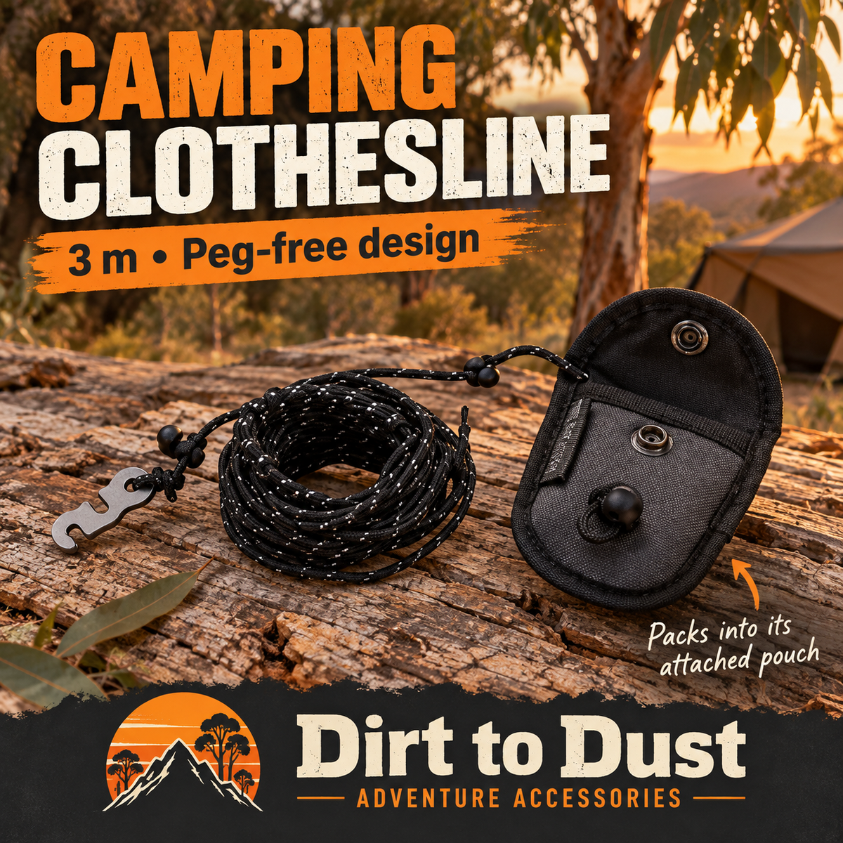 Camping Clothesline with Pouch – 3 m | Dirt to Dust Adventure Accessories