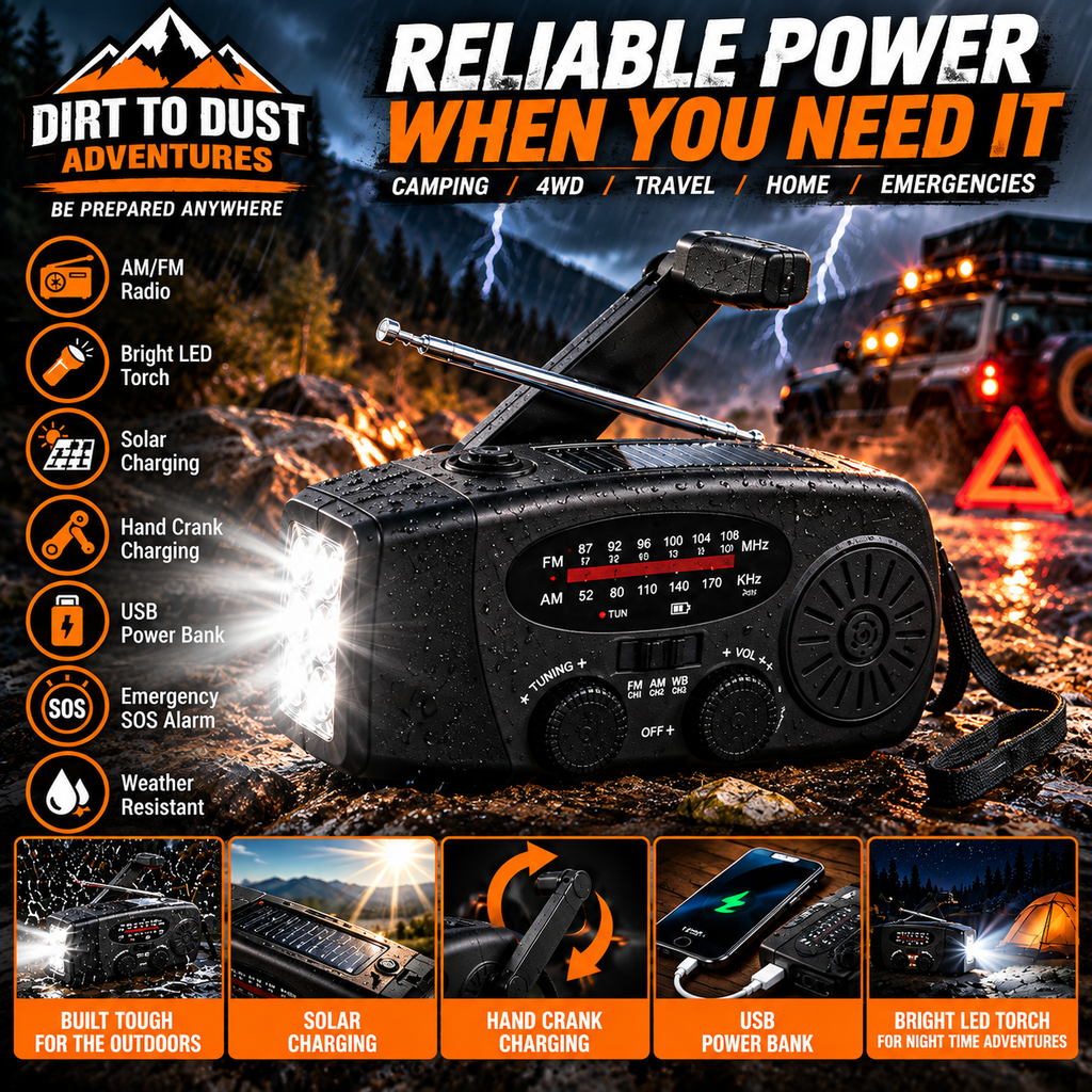 Dirt to Dust Emergency Hand Crank Radio – Solar AM/FM Radio, Torch & USB Charger