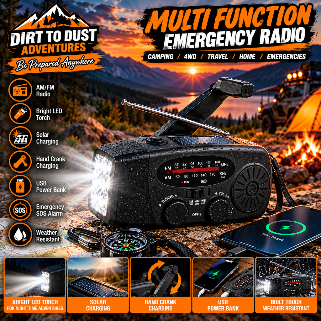 Dirt to Dust Emergency Hand Crank Radio – Solar AM/FM Radio, Torch & USB Charger