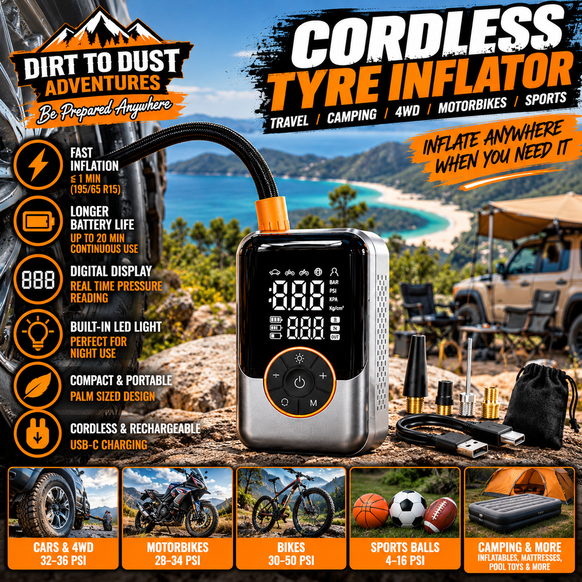 Dirt to Dust Portable Cordless Tyre Inflator – Digital Air Compressor