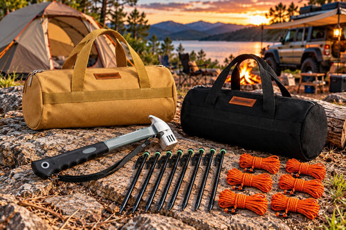 Dirt to Dust Camping Setup Kit – Tent Pegs, Guy Ropes, Hammer & Carry Bag