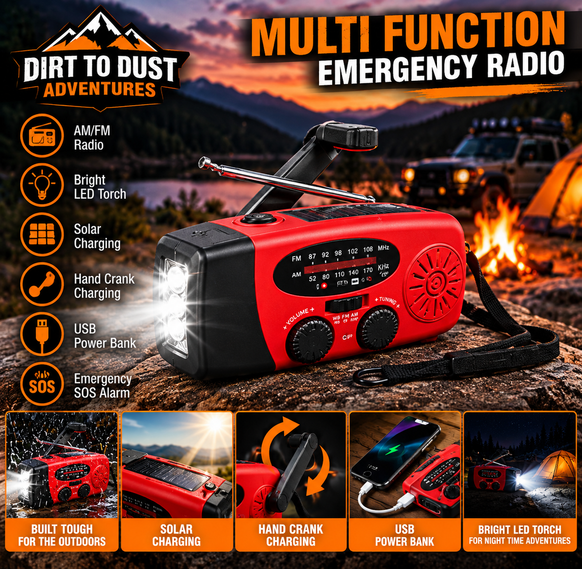 Dirt to Dust Emergency Hand Crank Radio – Solar AM/FM Radio, Torch & USB Charger