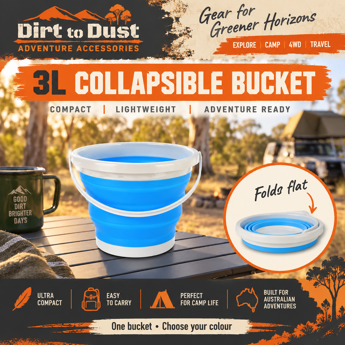Collapsible Camping Bucket – 3 L | Dirt to Dust Adventure Accessories