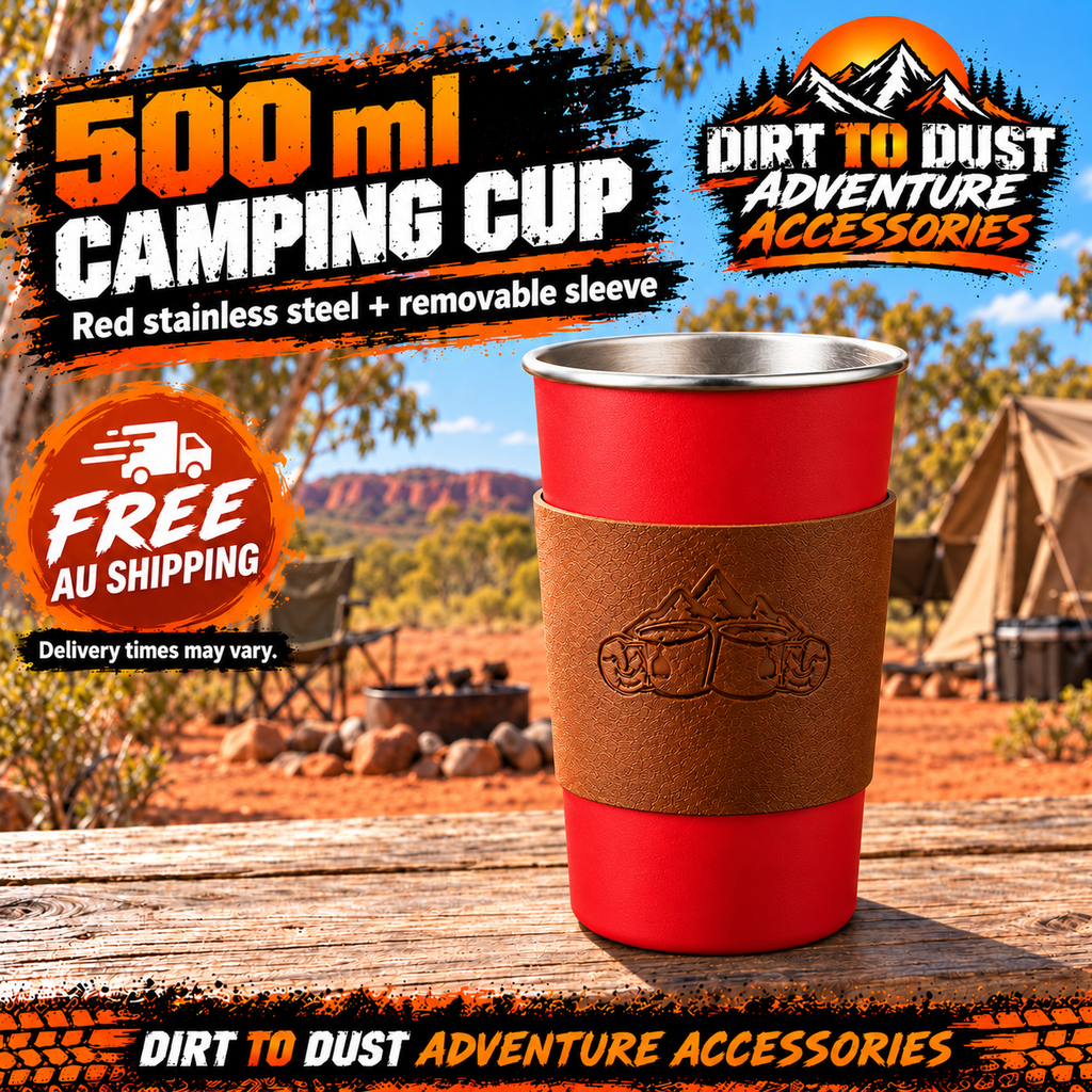 Dirt to Dust Adventure Accessories red 500 ml stainless steel camping cup with removable sleeve, free Australian shipping.