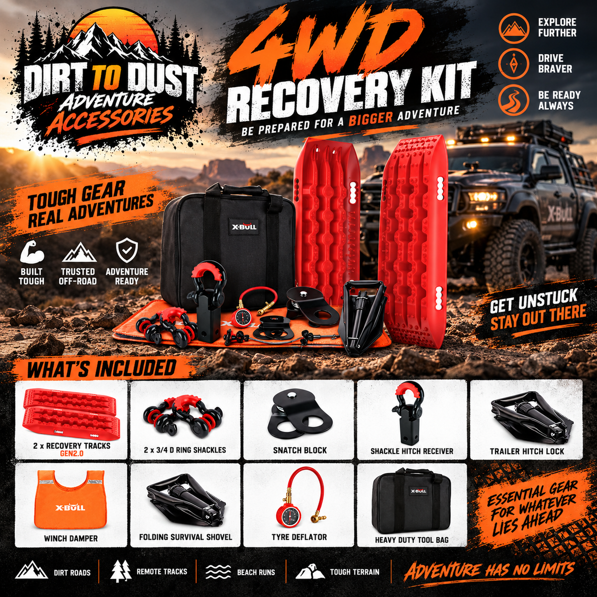 X-BULL Winch Recovery Kit 13PCS Recovery tracks /Snatch Strap Off Road 4X4