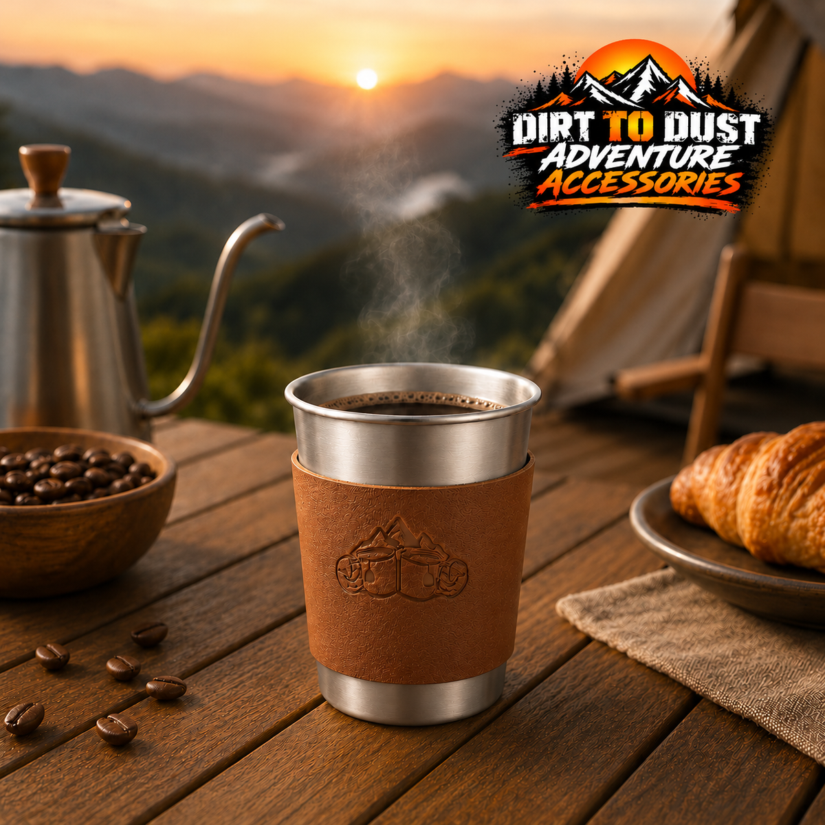 Silver 350 ml camping cup with removable tan sleeve on a campsite table, with Dirt to Dust Adventure Accessories branding.
