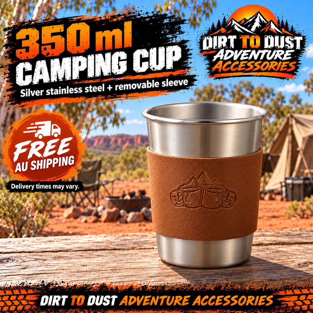 Dirt to Dust Adventure Accessories silver 350 ml stainless steel camping cup with removable sleeve, free Australian shipping.