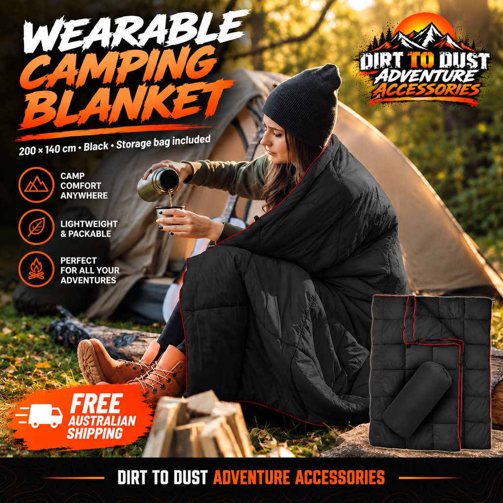 Dirt to Dust black wearable camping blanket with storage bag, free Australian shipping