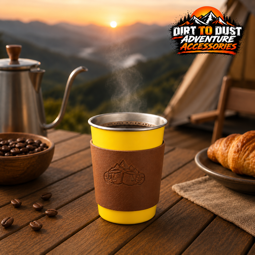Yellow 350 ml camping cup with removable tan sleeve on a campsite table, with Dirt to Dust Adventure Accessories branding.