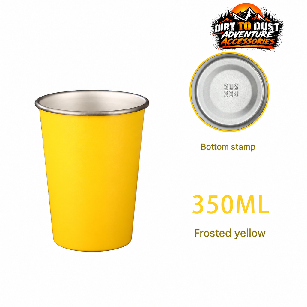 Yellow 350 ml camping cup without its removable sleeve, showing the stainless steel interior and SUS 304 base stamp.