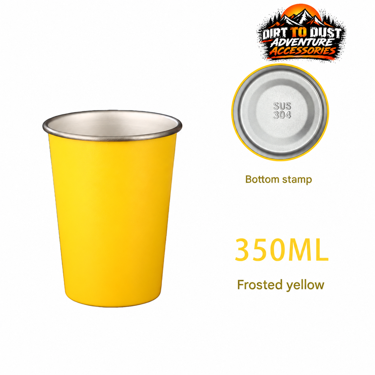 Yellow 350 ml camping cup without its removable sleeve, showing the stainless steel interior and SUS 304 base stamp.