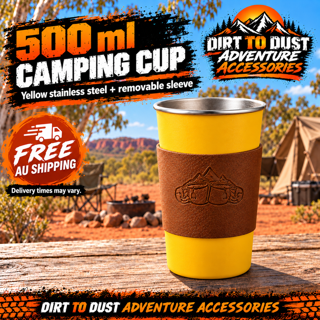 Yellow 500 ml stainless steel camping cup with tan sleeve, Dirt to Dust Adventure Accessories branding and free Australian shipping.