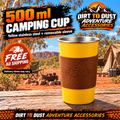 Yellow 500 ml stainless steel camping cup with tan sleeve, Dirt to Dust Adventure Accessories branding and free Australian shipping.